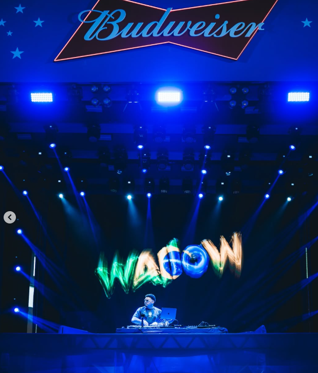 DJ Wallow no palco grande sob feixes de luz azul, com o nome projetado em luz